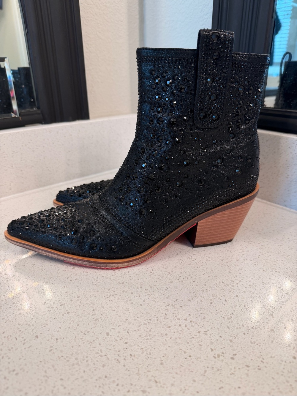 Black Embellished Western Ankle Red Bottom Boots